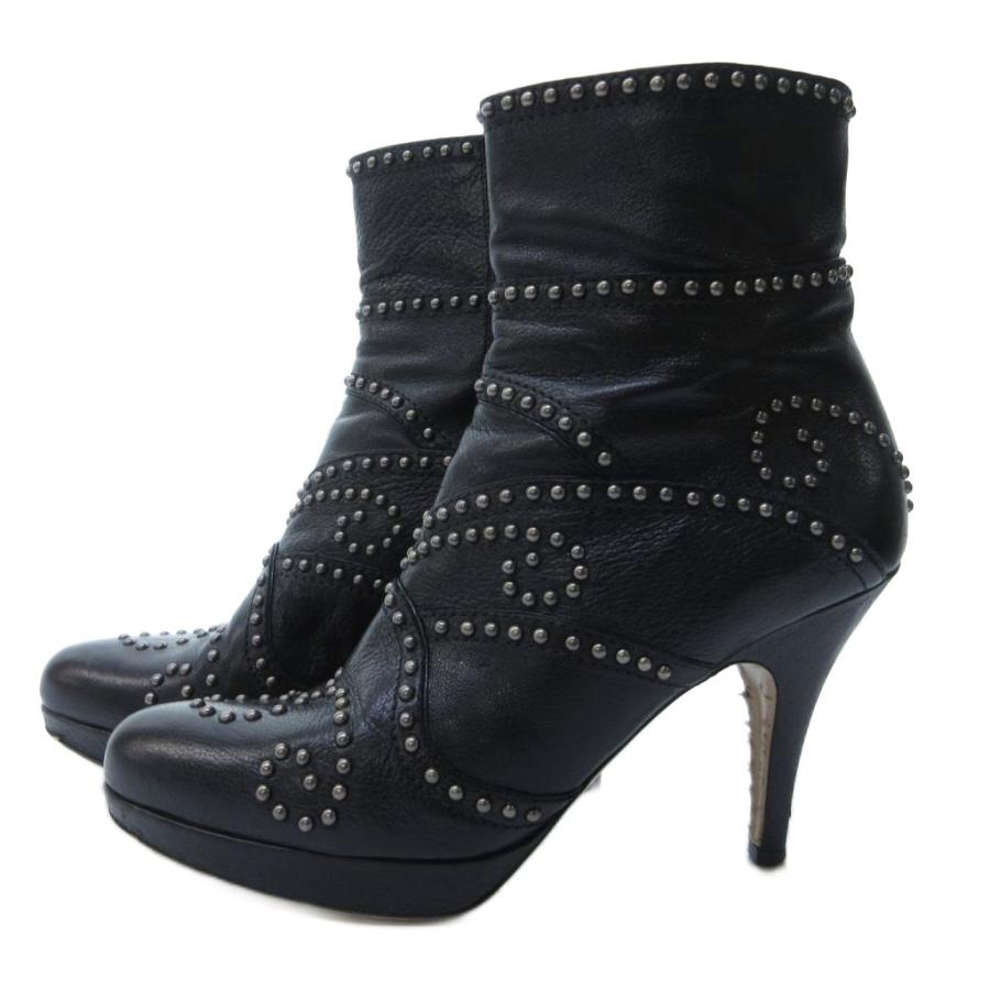 【中古】ミュウミュウ miumiu スタッズ ショートブーツ ブーティ ハイヒール サイドジップ 黒 38 約24.5cm IBO79 miu miu（ミュウミュウ） スタッズ ショートブーツ ブーティ