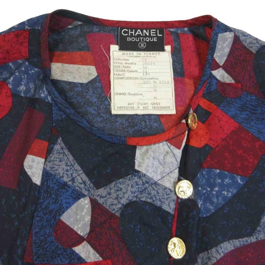 シャネル ヴィンテージ キルティング シャツ シルク 総柄 金ボタン 38 M CHANEL（シャネル） ヴィンテージ キルティング シャツ ブラウス 長袖