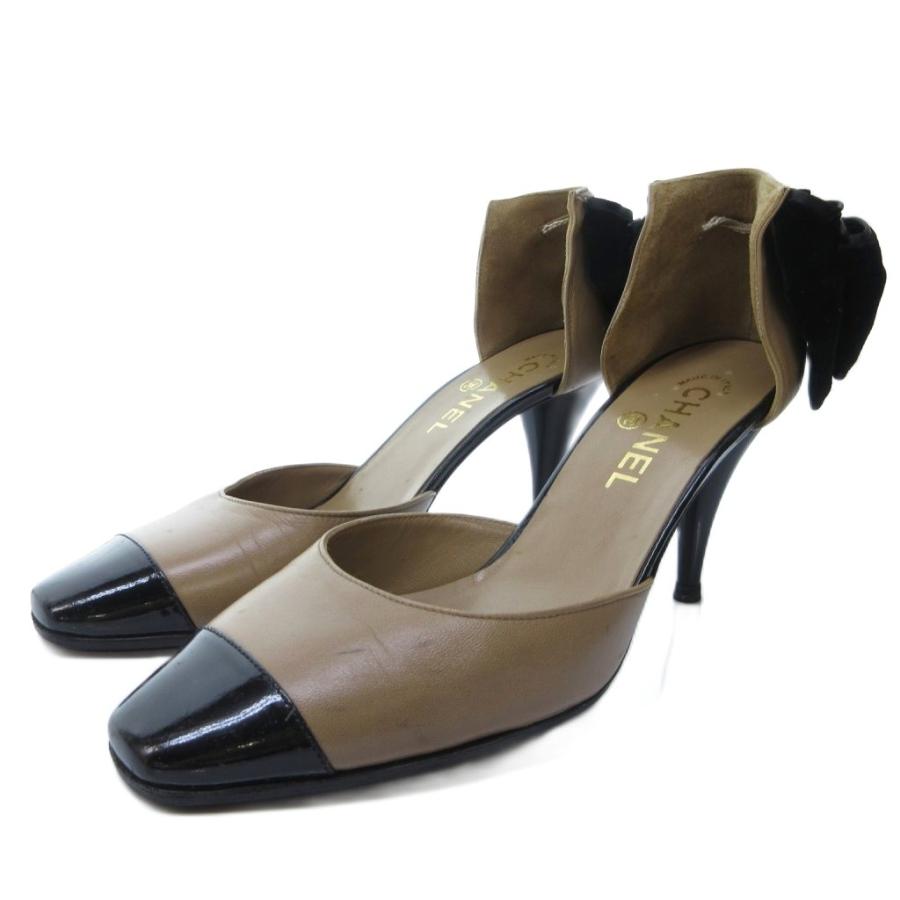 【中古】シャネル CHANEL バイカラー ココマーク バックリボン パンプス ハイヒール ベージュ 黒 ブラック 約23.5cm CHANEL（シャネル） バイカラー ココマーク バックリボン パンプス