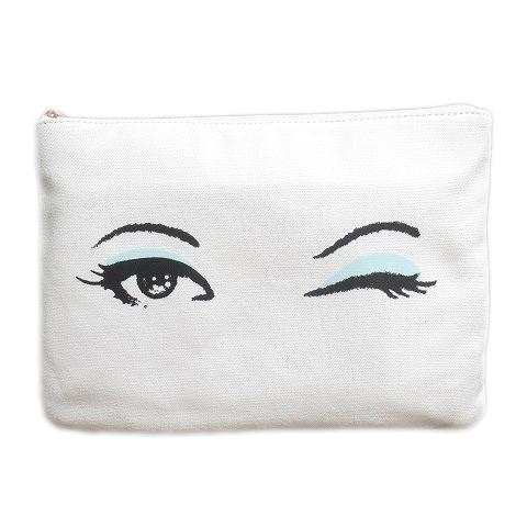中古 極美品 ケイトスペード Kate Spade ロゴ ウインク イラスト プリント キャンバス ポーチ 小物入れ クラッチ バッグ 白 ホワイト 大特価