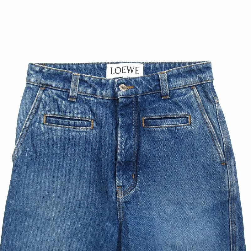 美品 ロエベ LOEWE フィッシャーマン デニム パンツ ロゴ レザー  