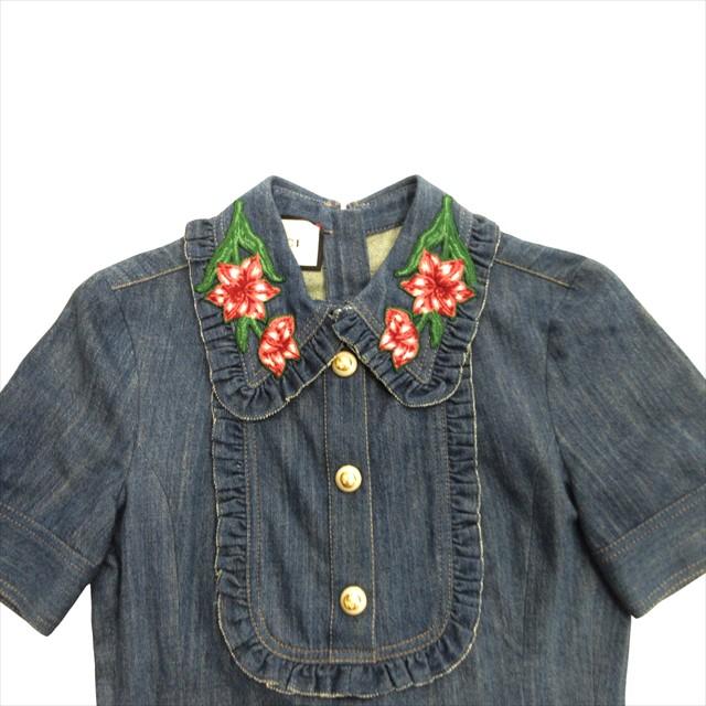 グッチ GUCCI フラワー エンブロイダリー デニム ワンピース ドレス カットソー インターロッキング 花柄 38 インディゴ レディース◆７