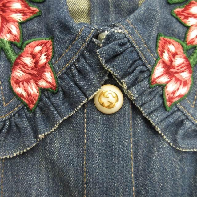 グッチ GUCCI フラワー エンブロイダリー デニム ワンピース ドレス カットソー インターロッキング 花柄 38 インディゴ レディース◆７