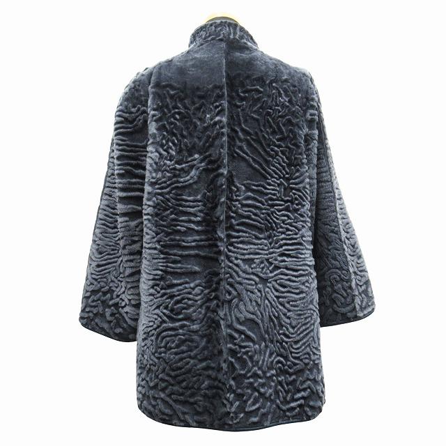 【中古】リアルファー 毛皮 コート ジャケット ブルゾン レザーパイピング スタンドカラー 紺 ネイビー レディース リアルファー 毛皮 コート ジャケット ブルゾン レザーパイピング