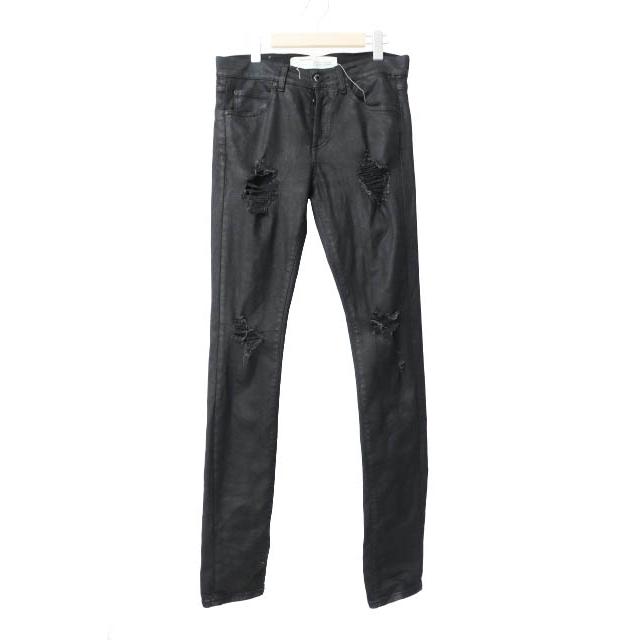 オフホワイト OFF WHITE WAX BLACK DENIM DISTRESSED SLIM JEANS 