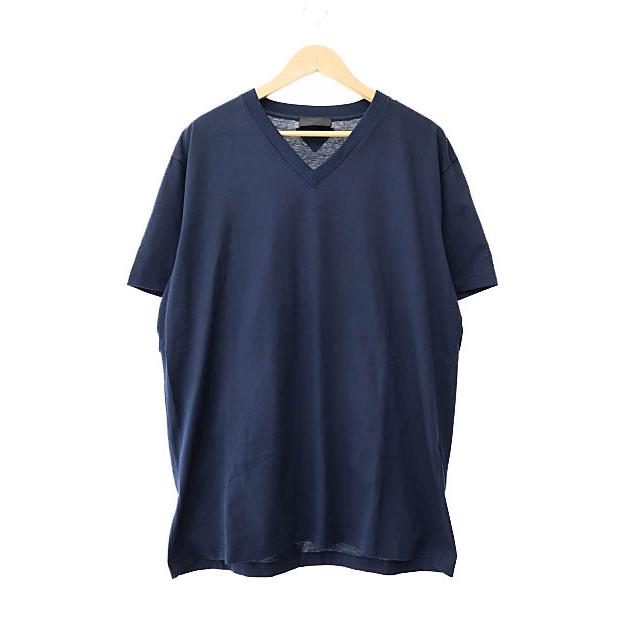 【中古】プラダ PRADA 2019年製 三角パッチ ロゴ Vネック 半袖 Tシャツ UJM493 XXXL 紺 ネイビー☆AA★250820 メンズ PRADA（プラダ） PRADA 2019年製 三角パッチ ロゴ Vネック 半袖 T