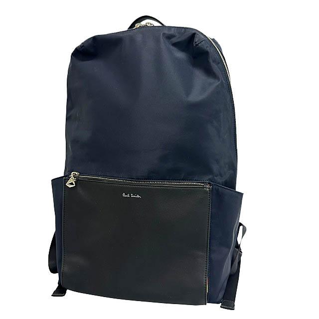 美品【マルチストライプ】Paul Smith ナイロン×本革 ミニリュック 黒 Paul Smith（ポール・スミス） マルチストライプ レザー ナイロン