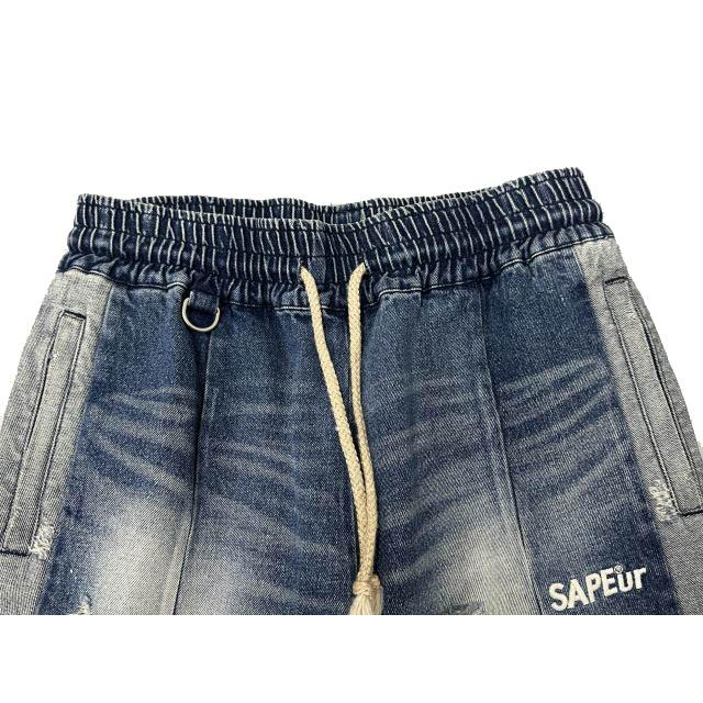 SAPEur サプール Denim Track Pants ヴィンテージ加工 ロゴ刺繍 デニム