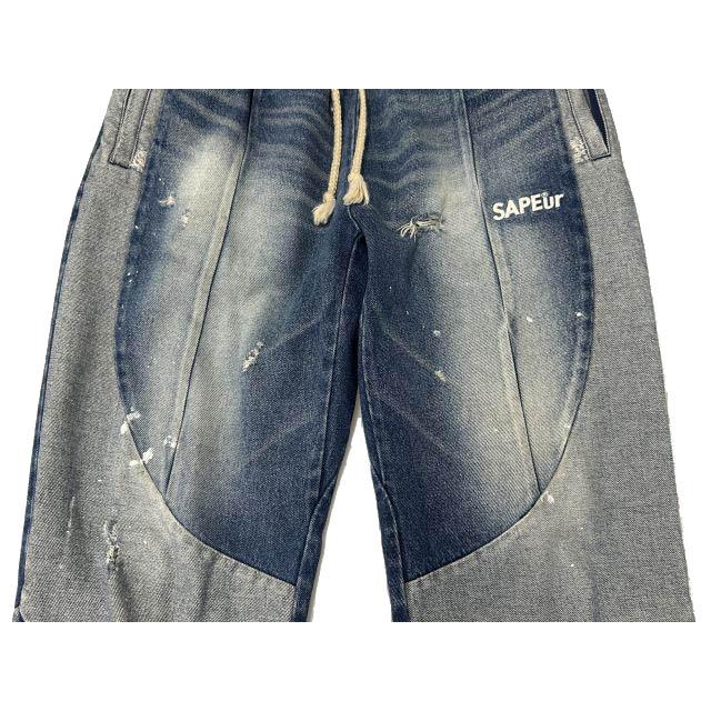SAPEur サプール Denim Track Pants ヴィンテージ加工 ロゴ刺繍 デニム