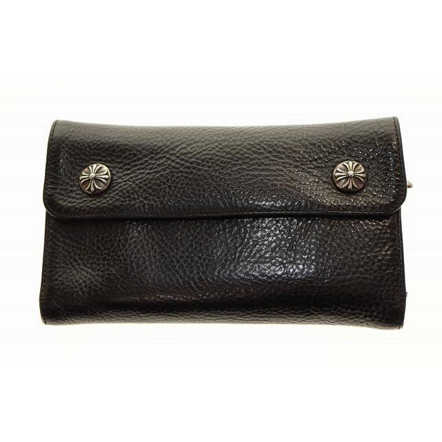 クロムハーツ　ウェーブ ウォレット レザー　925 黒　クロスボール クロムハーツウェーブウォレットクロスボタンカウヘアブラック