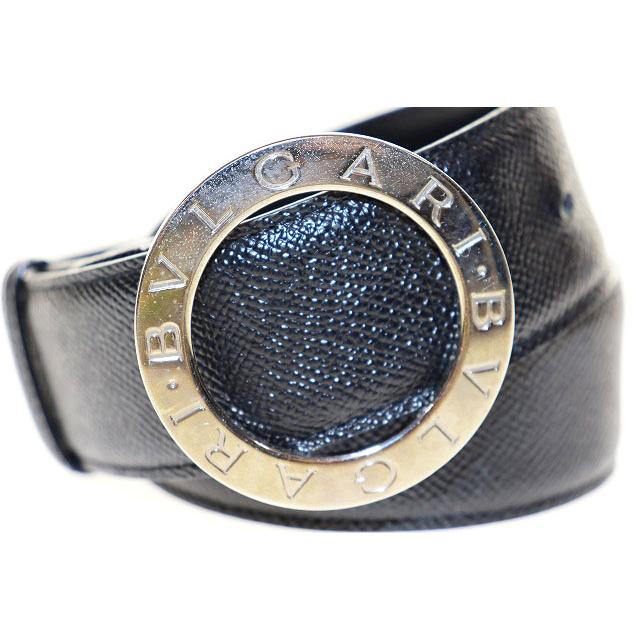 BVLGARI レザーベルト ブラック シルバーバックル　ユニセックス　メンズ BVLGARI（ブルガリ） レザー ラウンド ロゴ バックル シルバー ベルト