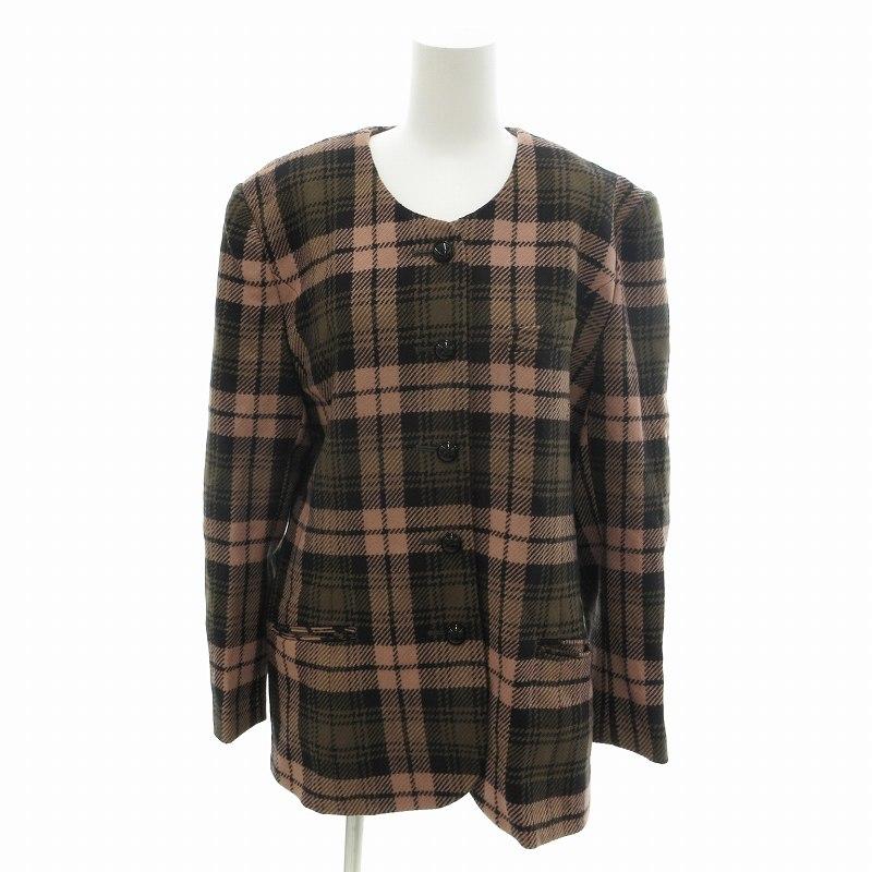 レジャンス REGENCE ノーカラージャケット チェック L ピンク カーキ  