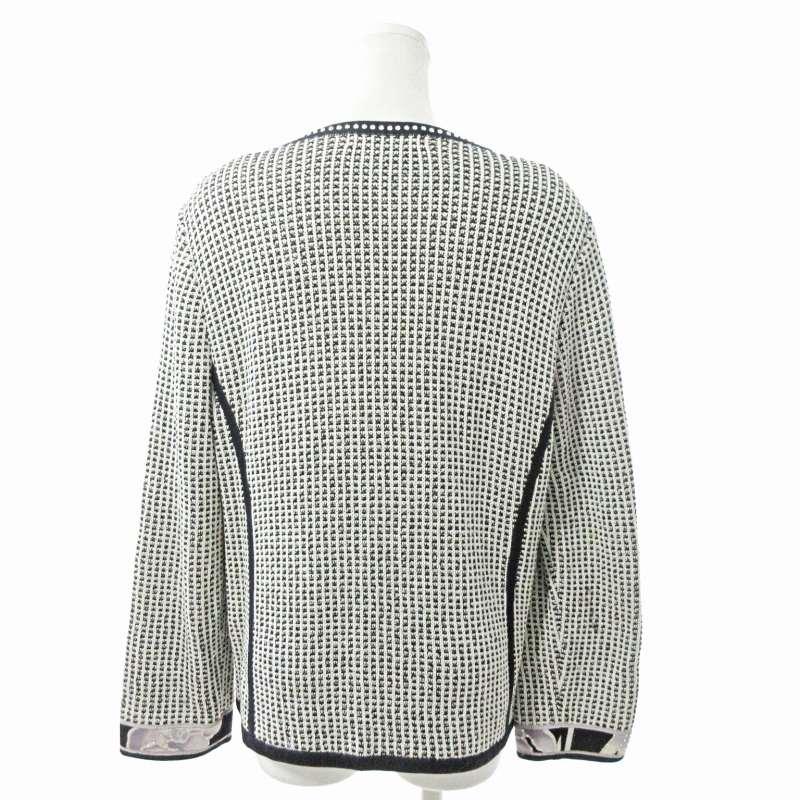 LEONARD - レオナール ノーカラージャケット ブレザー ツイード ニット 42 白 黒 LEONARD - レオナール ノーカラージャケット ブレザー ツイード