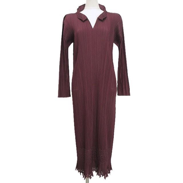 プリーツプリーズ PLEATS PLEASE ワンピース 2 ワインレッド 襟付き  
