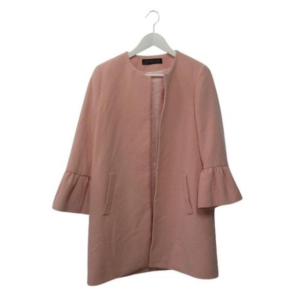 ザラウーマン ZARA WOMAN ノーカラーコート フレアスリーブ M ピンク 