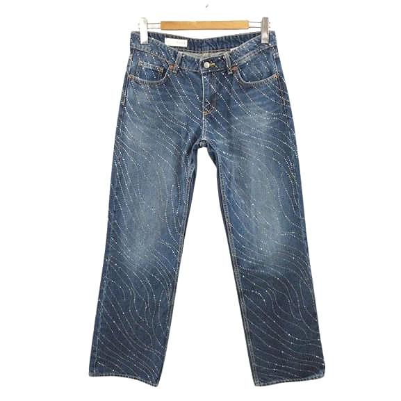 ZARA（ザラ） ローライズワイドレッグラインストーンデニムパンツ 38