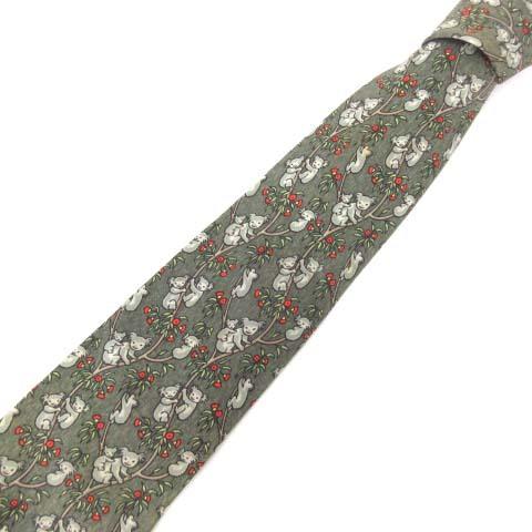 中古 エルメス Hermes ネクタイ レギュラータイ ビジネス スーツ フォーマル シルク 総柄 アニマル コアラ ロゴ 緑 グリーン フランス製 Ibo23 メンズ 爆安