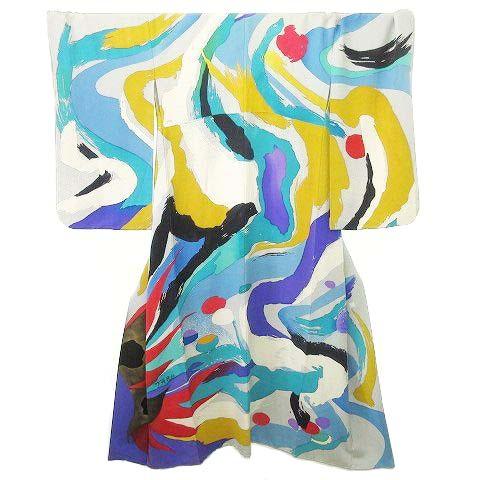 岡本太郎 着物 デザイン 総柄 振袖 中振袖 身丈162 袖丈74 訪問着 白