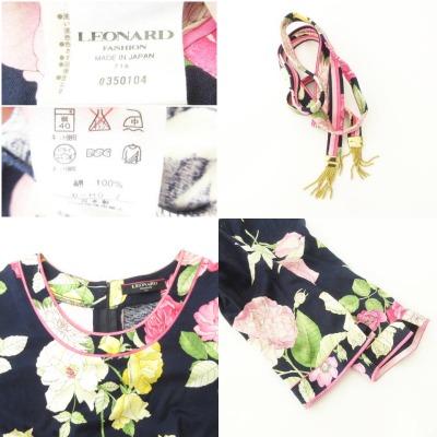 【中古】レオナール LEONARD 美品 花柄 七分袖 ワンピース ウエストリボン バックファスナー 日本製 Lサイズ ネイビー LEONARD（レオナール） 美品 花柄 七分袖 ワンピース ウエストリボン