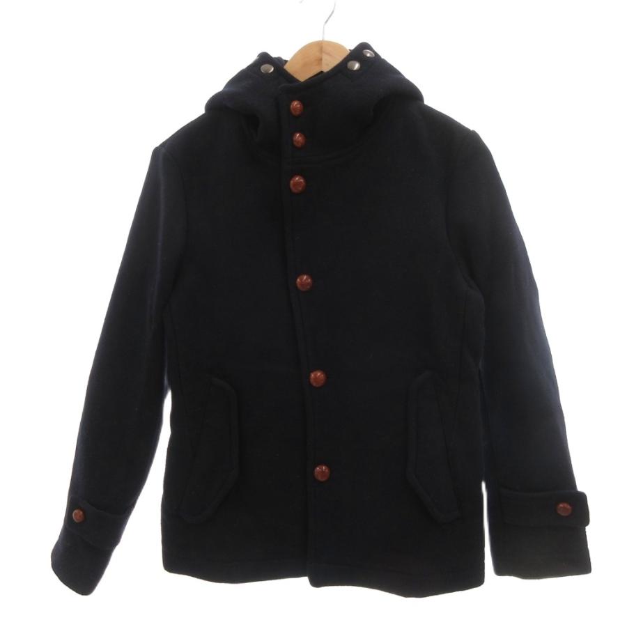 美品■schott ランチコート くるみボタン ネイビー 38 EDIFICE（エディフィス） ダッフルコート ウール くるみボタン