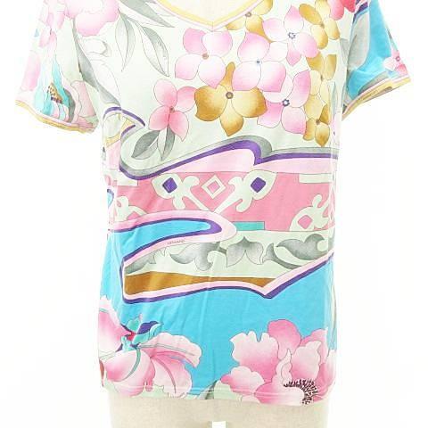 LEONARD レオナール 7分袖 Tシャツ カットソー 花柄 LEONARD（レオナール） 美品 花柄 Vネック コットン Tシャツ 日本製 M