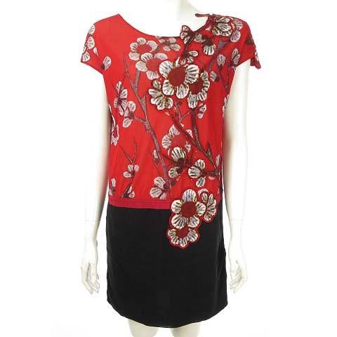 中古 ヴィヴィアンタム Vivienne Tam チュニック ミニワンピース パワーネット 花柄 プリント モチーフ付 赤 黒 バイカラー 1 レディース ベクトル 古着 Anguloyasociados Com