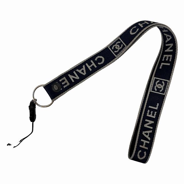 シャネル CHANEL 05P ネックストラップ ロゴ キャンバス 紺 ネイビー 