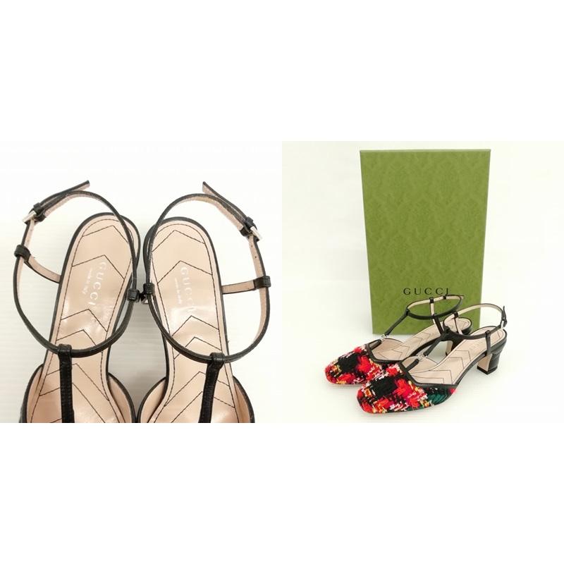 GUCCI グッチ ツイード Tストラップ サンダル パンプス 35.5 ブラック  