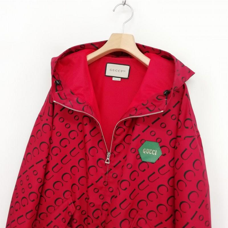 【中古】グッチ GUCCI 676497 22SS 100周年 ロゴ ナイロン フーデット ジャケット ウィンドブレーカー 美品 44 レッド GUCCI（グッチ） GUCCI 676497 22SS 100周年 ロゴ ナイロン フーデット