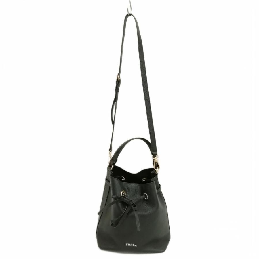 未使用級✨フルラ コスタンザ 巾着バッグ ショルダーストラップ付き レザー 黒 FURLA（フルラ） コスタンザ 巾着 ショルダーバッグ ハンドバッグ 2way