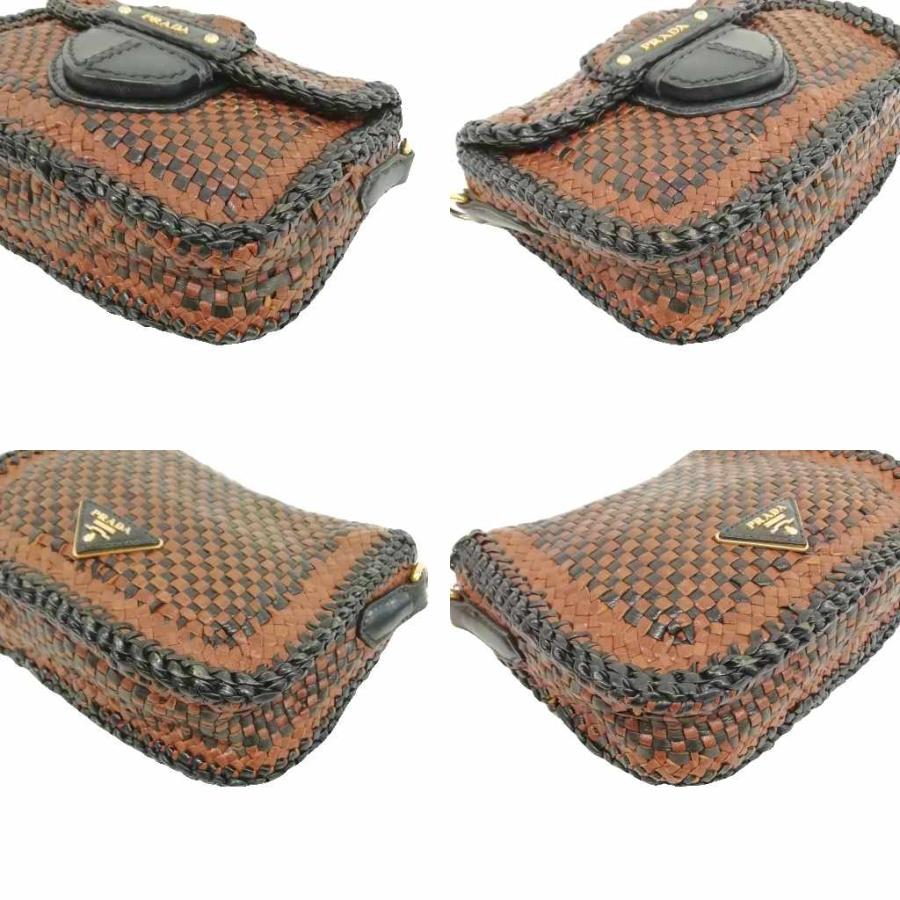 【中古】プラダ PRADA 編み込み マドラス ショルダーバッグ 三角プレート ブラウン ブラック レディース PRADA（プラダ） 編み込み マドラス ショルダーバッグ 三角プレート