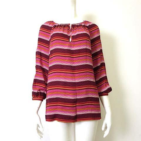 中古 トリーバーチ Tory Burch ブラウス シャツ プルオーバー 絹 シルク 100 マルチボーダー 7分袖 L 4 赤 ボルドー ピンク 国内正規品 レディース 最安価格