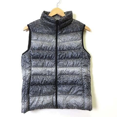中古 ユニクロ Uniqlo ダウン ベスト ウルトラライトダウン ニット柄 インナーダウン ジップアップ ノースリーブ L 黒 ブラック グレー 美品 レディース