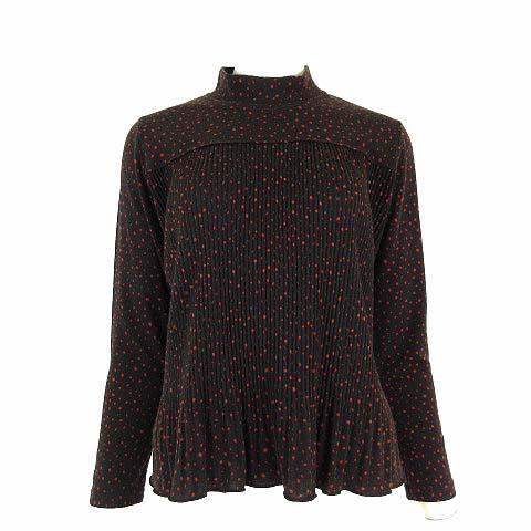 SUN MODA ニット カットソー トップス ドット柄 水玉 切替 プリーツ メロウ ハイネック ストレッチ 長袖 S ダークブラウン 赤 ...