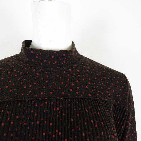 SUN MODA ニット カットソー トップス ドット柄 水玉 切替 プリーツ メロウ ハイネック ストレッチ 長袖 S ダークブラウン 赤 ...