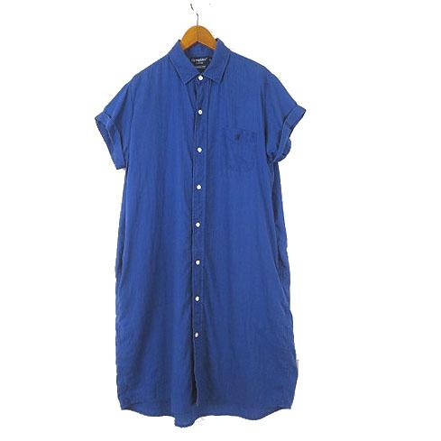 美品 ジムフレックス 高品質フランダースリネン シャツワンピース 14 紺 ジムフレックス Gymphlex ロング シャツワンピース フランダース