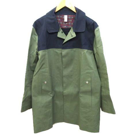 中古 ハンコック Hancock ゴム引きコート Liberty ステンカラーコート 比翼ボタン バイカラー 国内正規 コットン 40 L 緑 グリーン 紺 ネイビー メンズ 超歓迎