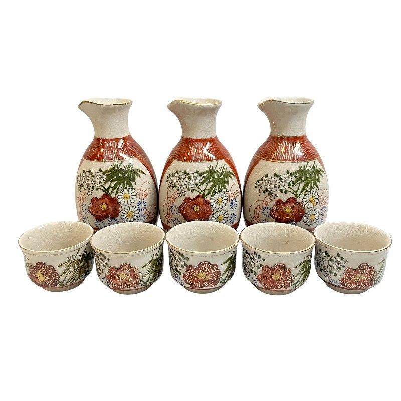 美品 九谷焼 酒器セット おちょこ 5個 徳利 3本 フラワー 花柄