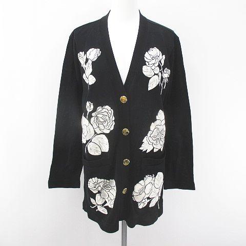レオナール Leonard 花柄 フラワー 長袖 カーディガン ニット M 黒系 ブラック 日本製 刺繍 ミディアム丈 綿 コットン ブランド古着販売のベクトルyahoo ショッピング店 077 中古 レオナール Leonard 花柄 フラワー 長袖