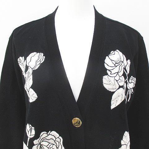 レオナール Leonard 花柄 フラワー 長袖 カーディガン ニット M 黒系 ブラック 日本製 刺繍 ミディアム丈 綿 コットン ブランド古着販売のベクトルyahoo ショッピング店 077 中古 レオナール Leonard 花柄 フラワー 長袖