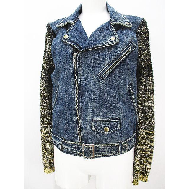 中古 メイド イン ヘブン Made In Heaven デニム ライダース ジャケット ニット切替 Xs 青系 ブルー 刺 ベルト 日本製 レディース 現品限り一斉値下げ