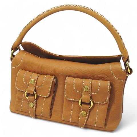 セリーヌ　キャメルレザー ハンドバッグ セリーヌ CELINE レザーハンドバッグ 馬車金具チャーム付き キャメル