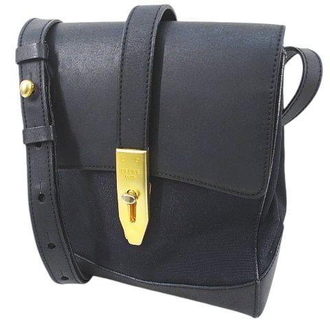 CELINE セリーヌ レザー キャンバス ショルダー ハンドバッグ ブラック黒