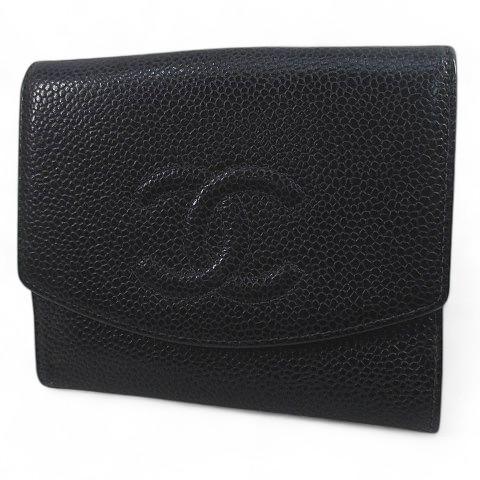 CHANEL 二つ折り財布 ココマーク キャビアスキン Wホック レザー 黒 CHANEL（シャネル） キャビアスキン Wホック 2つ折り財布 ココマーク