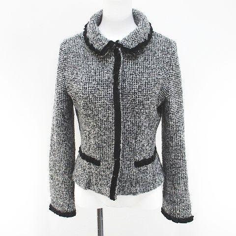 【中古】ランバン LANVIN ニットジャケット 比翼 38 黒系 ブラック 日本製 フリル スナップボタン 総柄 レディース ランバン LANVIN ニットジャケット 比翼 38 黒系 ブラック 日本製