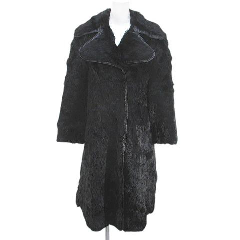 毛皮コート ラビットファー ロング丈 44 黒系 ブラック ホック