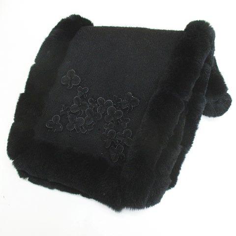 【中古】アンテプリマ カシミヤ ウール マフラー ストール ラビットファー ブラック 花 モチーフ ラインストーン ANTEPRIMA（アンテプリマ） カシミヤ ウール マフラー ストール