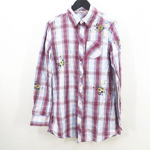 ロイスクレヨン Lois CRAYON 長袖 シャツ M 赤系 レッド チェック柄 花 