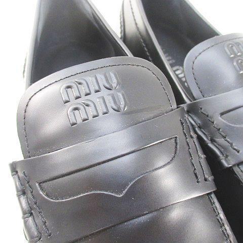 ミュウミュウ miumiu ブラッシュドレザー ペニーローファー ロゴ 39.5 ブラック 黒系 レザー イタリア製 レディース_8