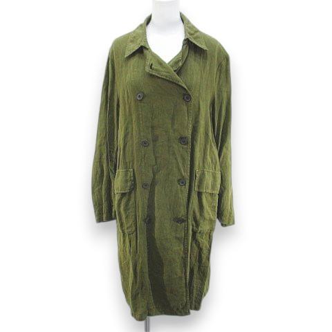 ザラ ベーシック ZARA BASIC ロングコート ダブル 薄手 麻 リネン M 緑 